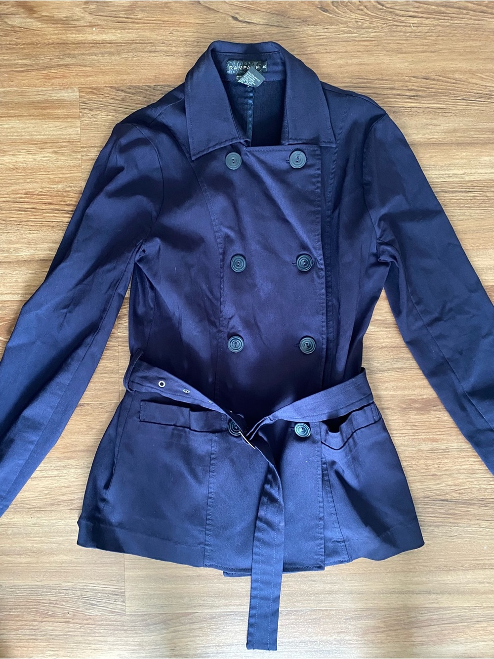 Rampage Navy Double-Breasted Belted Trench Coat